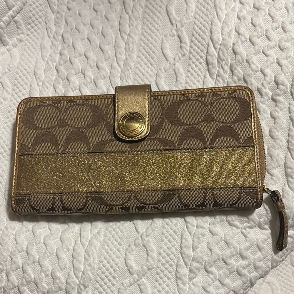 Coach Gold and Brown Monogram Zip Wallet